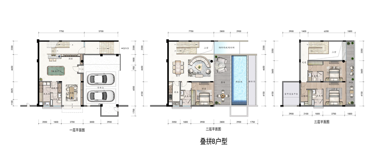 大叠拼产品：  下叠建面约265㎡，总价733-850万